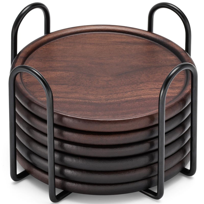 GOH DODD Wood Coasters with Metal Holder, GOH DODD Set of 6 Walnut Wooden Coaster Tabletop Protection for Drinks Coffee Table Home Kitchen Office Bar Living Room Decor Housewarming Gifts Wedding Party, 4 Inch - Image 1